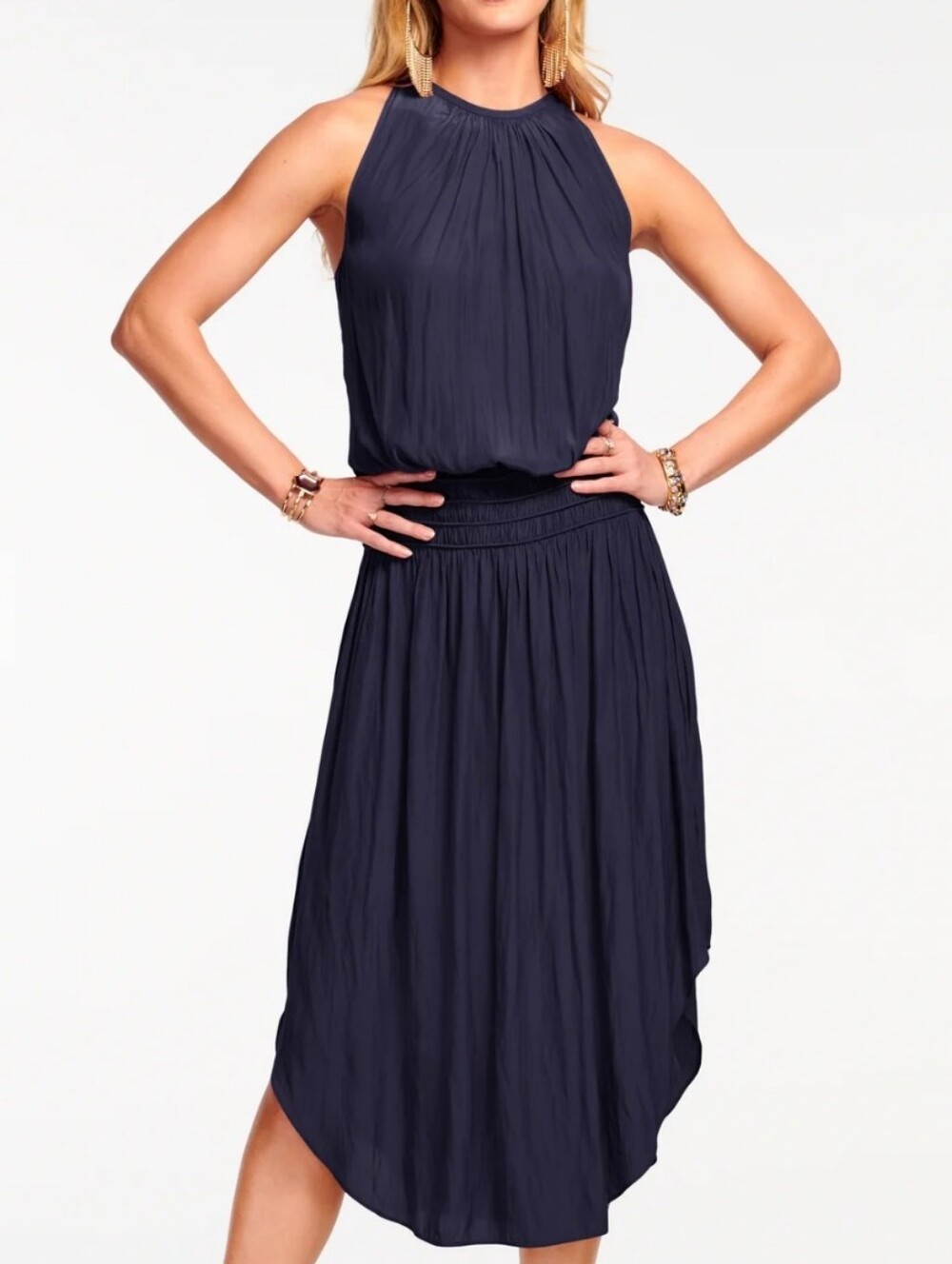 Sleeveless Navy Pleated Midi Dress